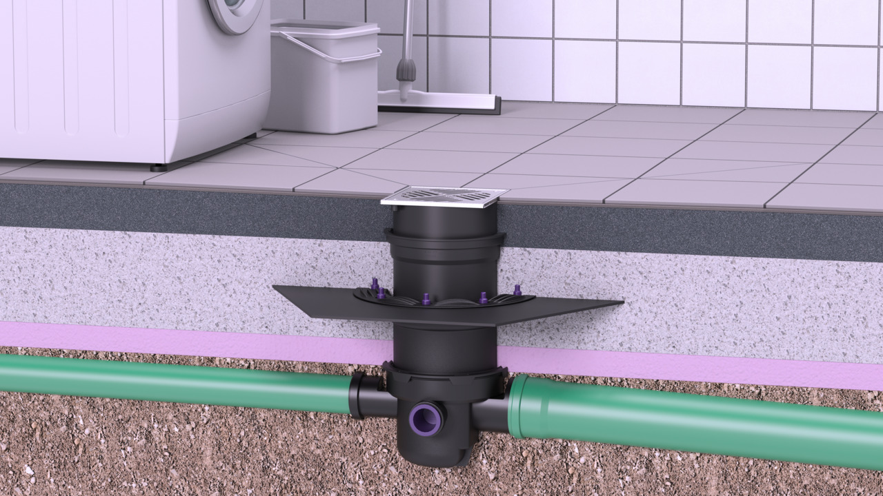 Odpływ piwniczny "Universale" jako odpływ podłogowy w pralni.