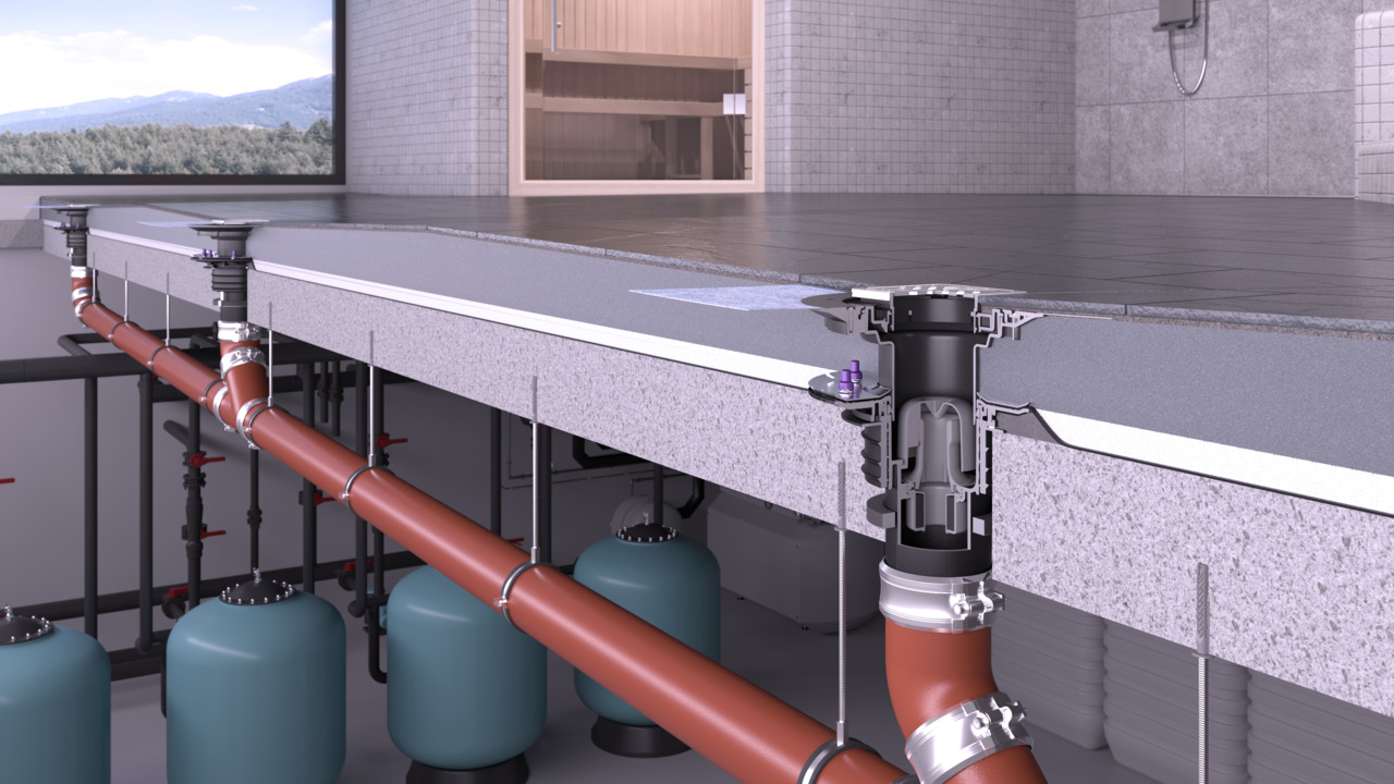 Wpust podłogowy Ecoguss z ochroną przeciwpożarową Fire-Kit i uszczelką Quick-Fix.