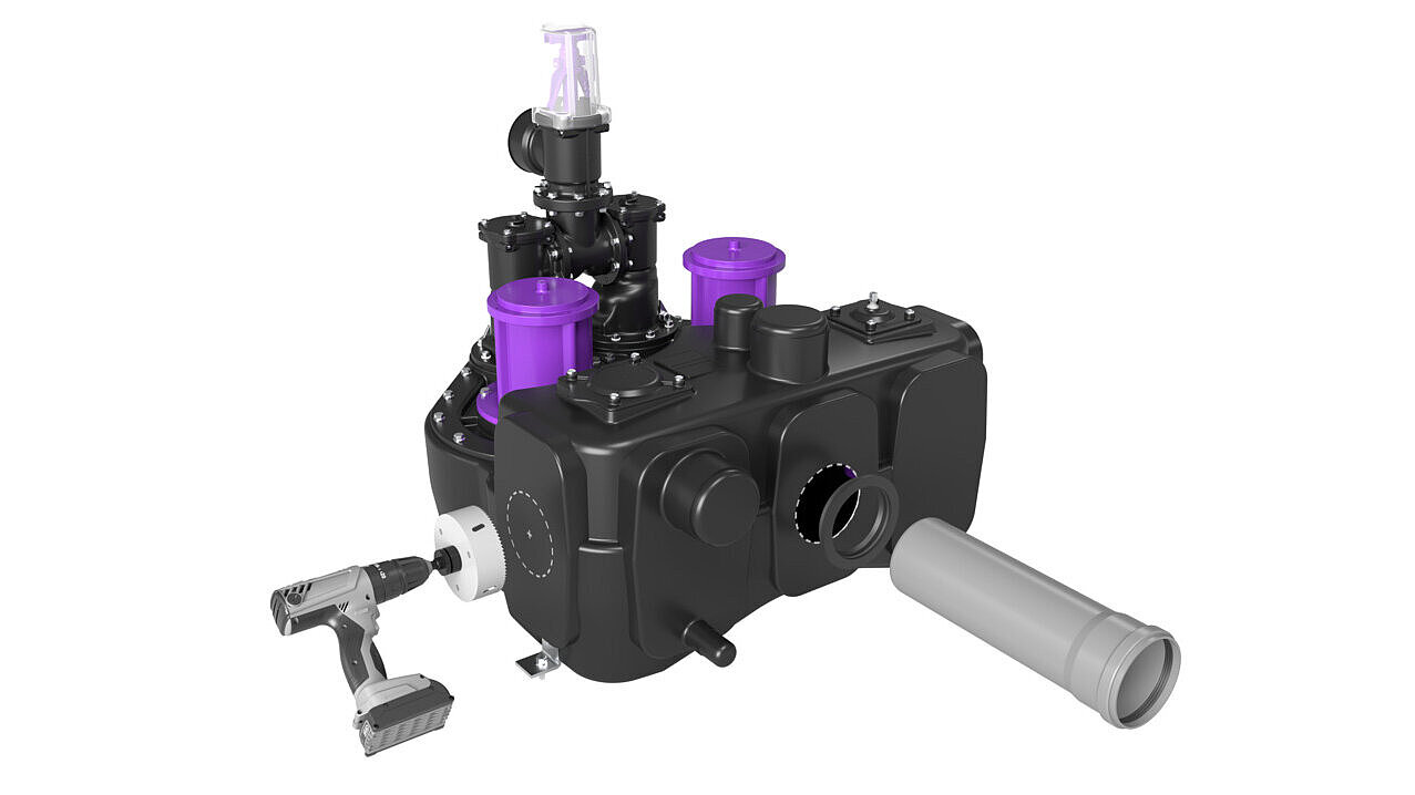 Przepompownia Aqualift XL, różne możliwości wywiercenia otworów Przepompownia Aqualift XL, różne możliwości wywiercenia otworów