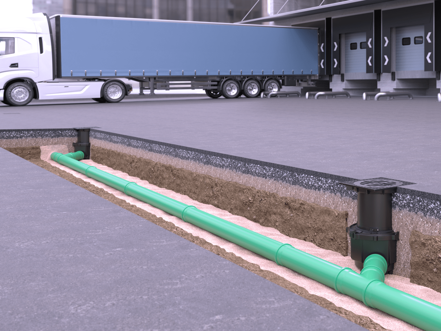 Przedstawienie zabudowy wpustu podwórzowego System 400 do wyższych klas obciążenia, z bocznym odpływem Przedstawienie zabudowy wpustu podwórzowego System 400 do wyższych klas obciążenia, z bocznym odpływem