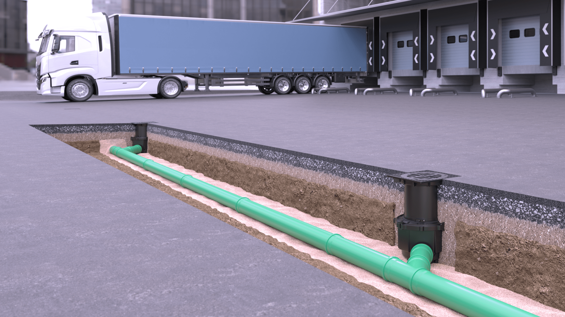 Przedstawienie zabudowy wpustu podwórzowego System 400, odpornego na pęknięcie i obciążenia Przedstawienie zabudowy wpustu podwórzowego System 400, odpornego na pęknięcie i obciążenia