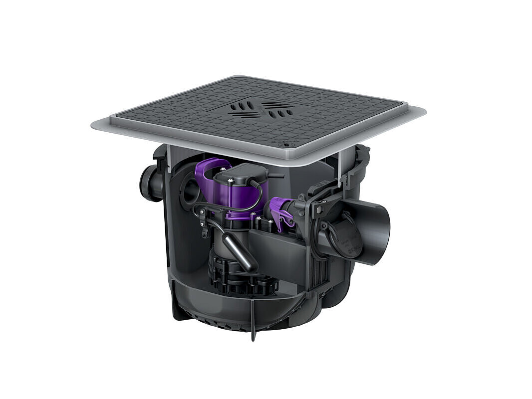 Wpust piwniczny Pumpfix S Underfloor do zabudowy w płycie podłogowej, z czarną pokrywą Wpust piwniczny Pumpfix S Underfloor do zabudowy w płycie podłogowej, z czarną pokrywą