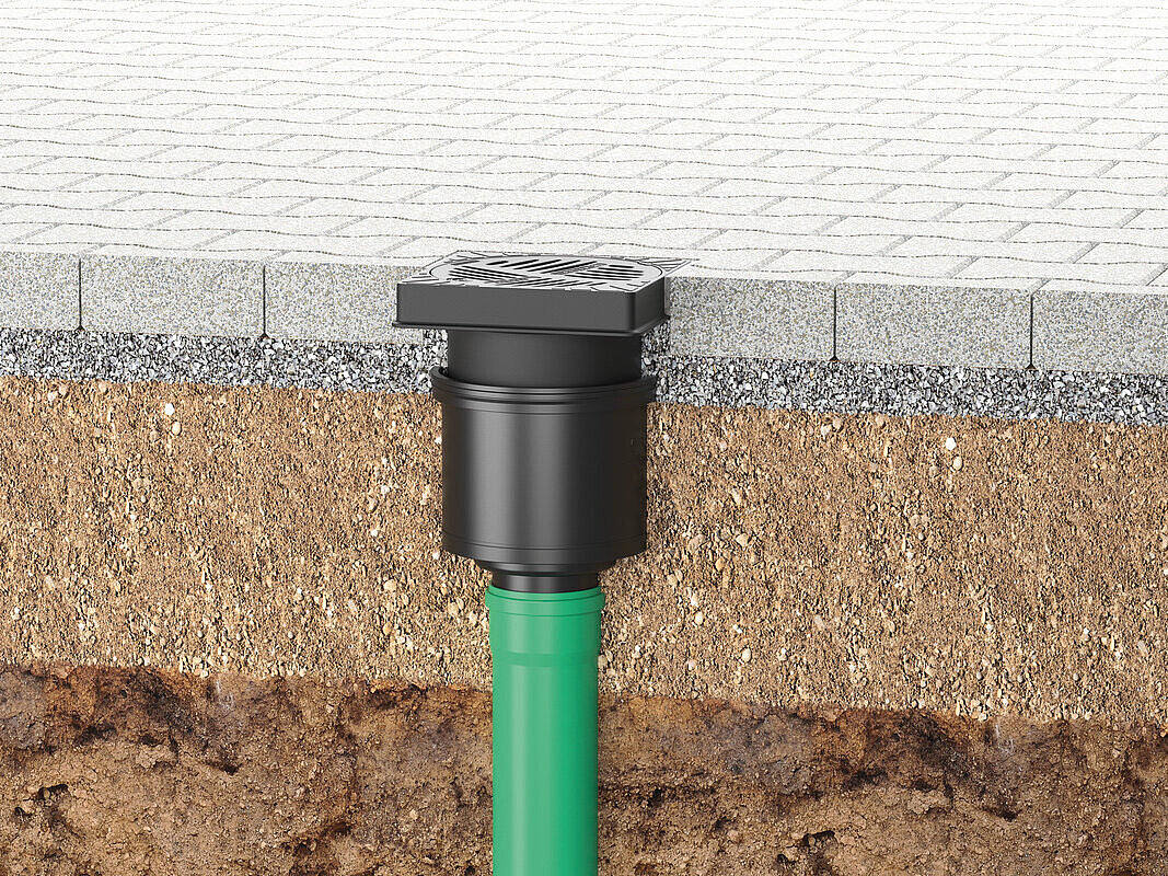 Przedstawienie zabudowy wpustu podwórzowego Ecoguss 200 z pionowym odpływem Przedstawienie zabudowy wpustu podwórzowego Ecoguss 200 z pionowym odpływem