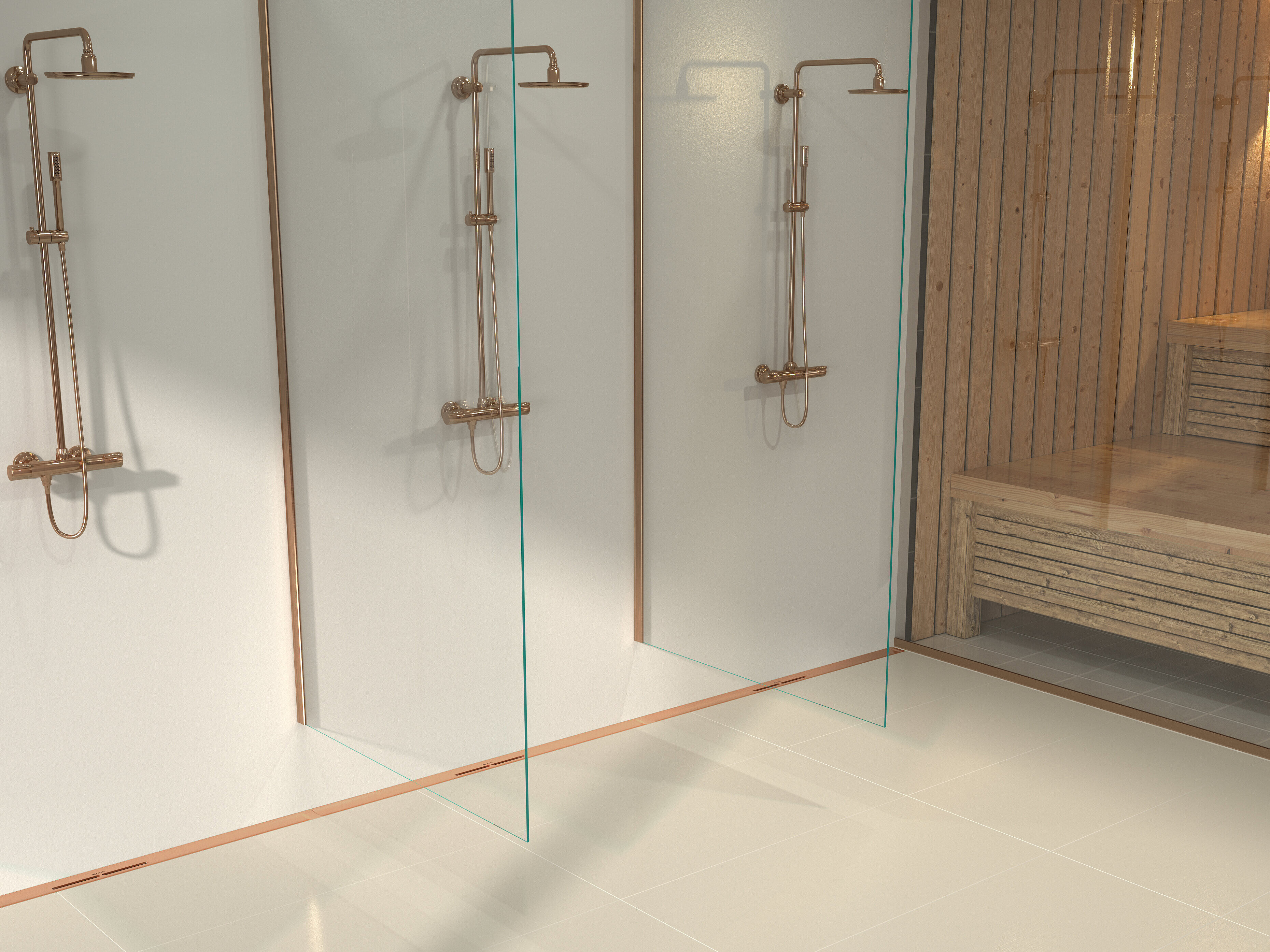 Przedstawienie zabudowy odpływu prysznicowego liniowego Linearis Infinity z powierzchnią szczotkowaną Bronze w spa Przedstawienie zabudowy odpływu prysznicowego liniowego Linearis Infinity z powierzchnią szczotkowaną Bronze w spa