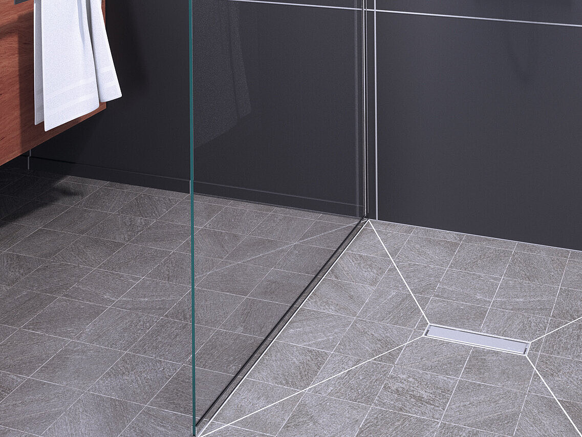 Przedstawienie zabudowy odpływu prysznicowego liniowego Linearis Compact, długość 300 mm Przedstawienie zabudowy odpływu prysznicowego liniowego Linearis Compact, długość 300 mm