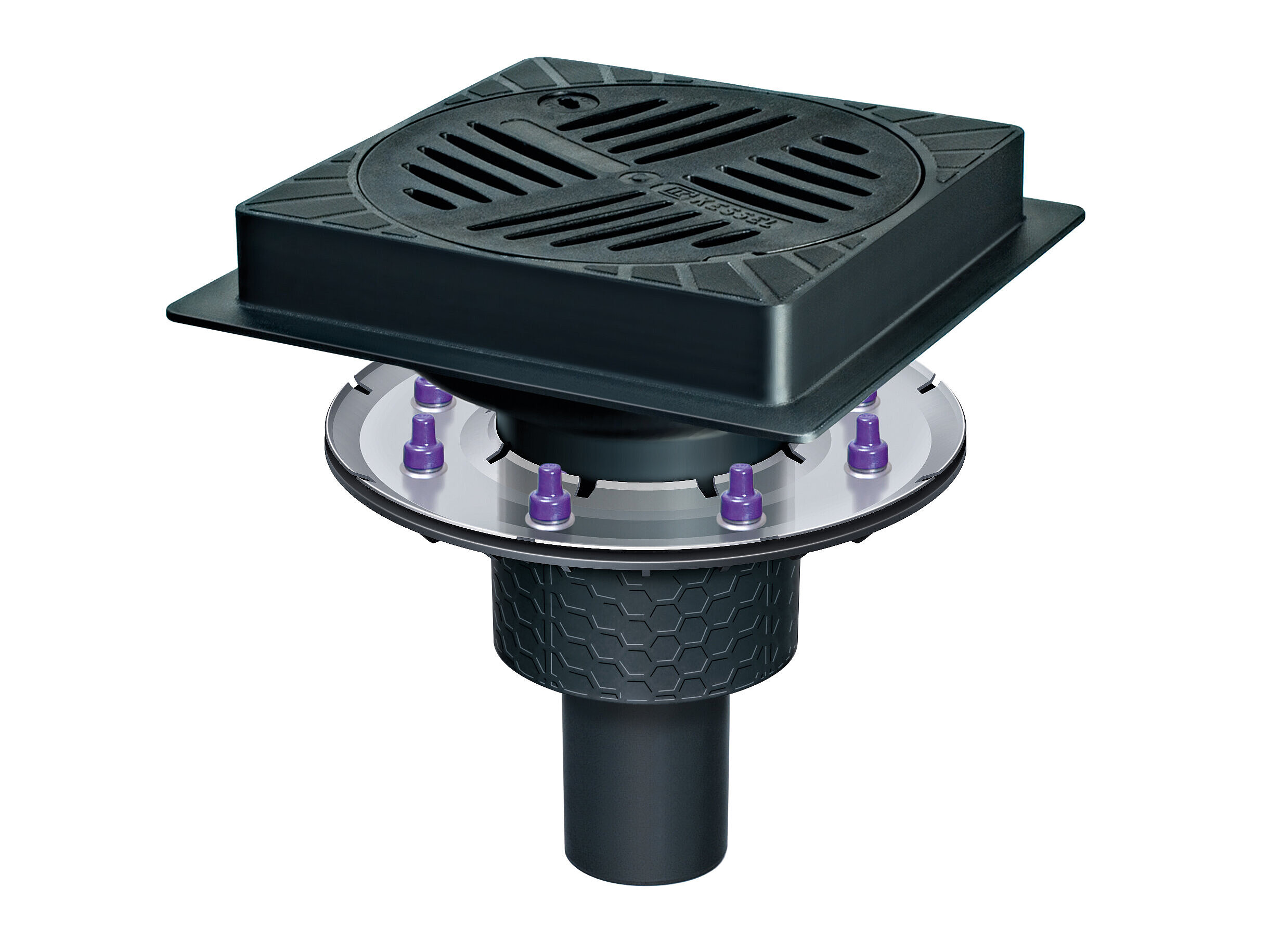 Kwadratowy wpust parkingowy Ecoguss z korpusem Ecoguss i dociskowym kołnierzem uszczelniającym Kwadratowy wpust parkingowy Ecoguss z korpusem Ecoguss i dociskowym kołnierzem uszczelniającym